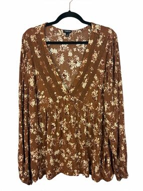 Torrid Floral Peasant Boho Blouse Size 1X Brown Cream Long Sleeve Top
